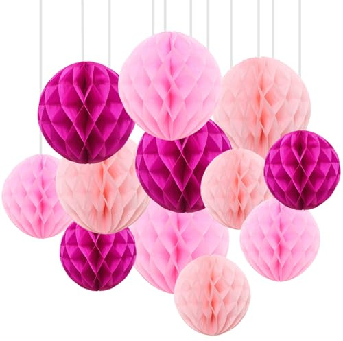 GAKA 12Pcs Pink Hanging Honeycomb Balls Decorations, Tissue Paper Pom Poms for Wedding Birthday Bridal Shower Party Decor(6 10)