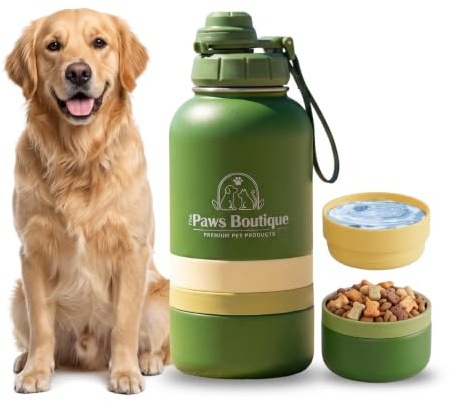 Botella de Agua para Perros 3 en 1: Bebedero Portátil de Acero Inoxidable 950ml, Compartimento para Comida y Cuenco Extra Desmontable – Antifugas, Libre de BPA – Ideal para Viajes y Paseos