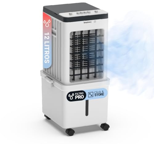 SYMPHONY Ventus12— Climatizador Evaporativo Portátil 12L, Silencioso 30 dB para Dormitorio y Oficina, Solo 65W (-90% vs Aire Acondicionado), Llenado Continuo, Ruedas, 900 m³/h