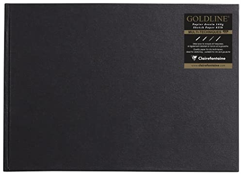 Clairefontaine 34244C Carnet Cousu Goldline - 64 Feuilles Papier Dessin Blanc - A4 21x29,7 cm 140g - Format Paysage - Couverture Rigide Noire Imitation Toile