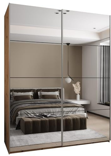 ABIKSMEBLE LUX 2 Armoire à 2 Portes Coulissantes avec Miroir, Fermeture Silencieuse - Système HETTICH Topline L - pour Salon, Chambre à Coucher - 245,5x200x64cm - Artisan, Noir, Argent