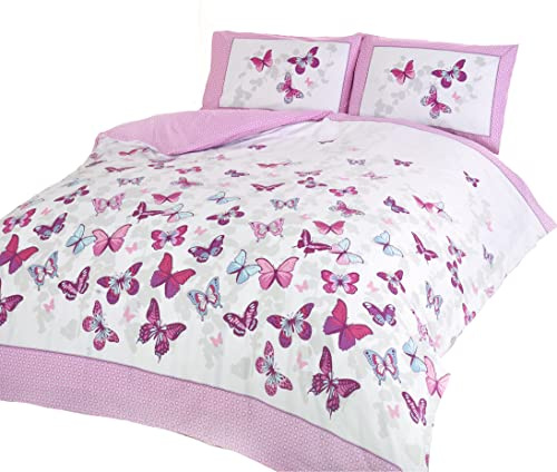 Rapport Home Furnishing Pink Butterfly Double Duvet Cover Set | Reversible Easy Care Polycotton Bedding with 2 Pillowcases - 200cm x 200cm