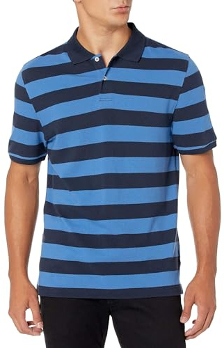Amazon Essentials Men's Slim-Fit Cotton Pique Polo Shirt, Black Blue Rugby Stripe, L
