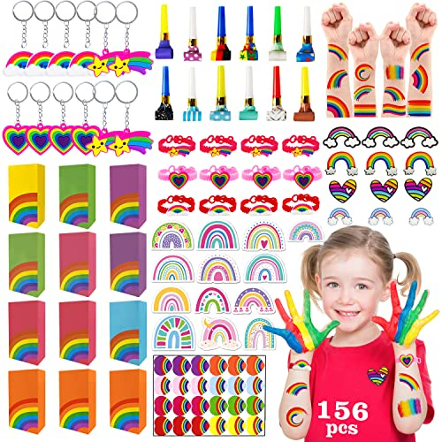 Leesgel Regenbogen Kindergeburtstag Spielzeug Set, 156 Stück Kleine Geschenke für Kinder mit Schlüsselanhänger Brosche Geschenketüte Temporäre Tattoos Aufkleber, Mitgebsel Partytüten Preise Spiele
