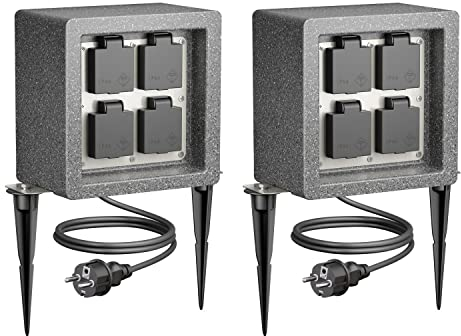 ledscom.de 2 Stück Garten Steckdosensäule Pock mit Erdspieß für außen, IP44, 4-Fach, anthrazit (Stein-Optik), quadratisch, 20cm