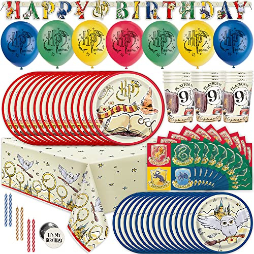 Harry Potter Birthday Decorations Kit | Party Supplies With Balloons, Table Cover, Banner, Dinner and Cake Plates, Napkins, Cups, Candles, Button - Serves 16