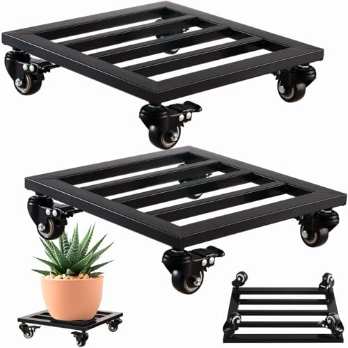 2 Packs Metal Square Plant Caddy with Wheels 12” Iron Wrought Rolling Plant Stand with Casters Heavy-Duty Plant Dolly for Indoor and Outdoor Plant Pot Roller Base Square Plant Movers, Glossy Black
