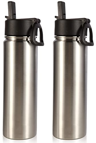 Volhoply 660ml isolerade vattenflaskor med halmlock, sportflaska i rostfritt stål med handtag, dubbelväggig vakuummetall resetermos med bred mun, återanvändbar vattenflaska för skolan (Silver, 1 set).