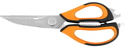 NEO TOOLS Tijeras de cocina de 23 cm – Tijeras domésticas con mango suave – Tijeras multiusos – Tijeras universales – Tijeras multifunción, abrebotellas, raspador, pelador, cascanueces