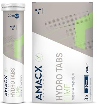 AMACX Hydro Tabs, Elektrolyte ohne Zucker Tabletten mit Vitamin C, 3 x 20 Magnesium Brausetabletten, Hydratation für Sportler, Elektrolyte Sport, Recovery Drink für Mineralienhaushalt – Limette