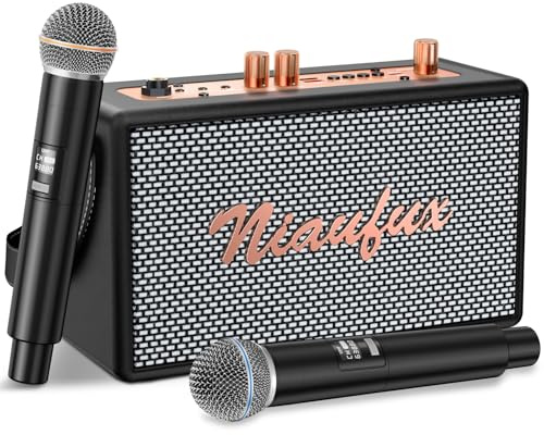 Karaoke Machine, Retro-Design Speaker with 2 Wireless Microphones for Adults & Kids, Portable Karaoke System for Home Party, Bluetooth/AUX/USB/TF/TWS Support, Gifts for Women & Girls