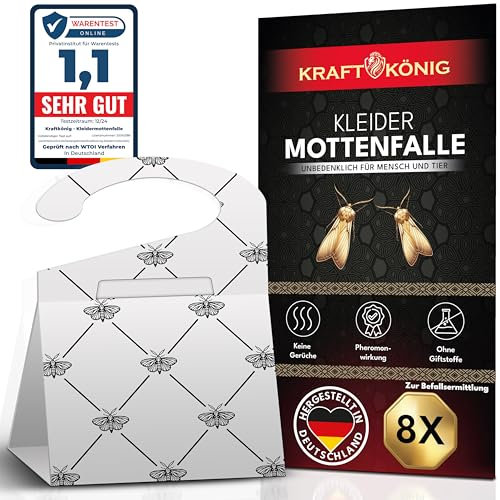 KRAFTKÖNIG Premium Kleidermottenfalle - 8X Mottenfalle Kleidermotten mit Langzeitwirkung - Auch für Kleiderstangen geeignet - geruchlose Kleidermotten Falle gegen Kleidermotten (Weißes Design)