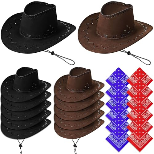 MSYU 24 Pcs Cowboy Hat for Women and Men, Unisex Western Cowboy Hat with Bandanna, Felt Wide Edge Western Cowboy Hats Classic Panama Hat Outdoor Wide Edge Cowboy Hats