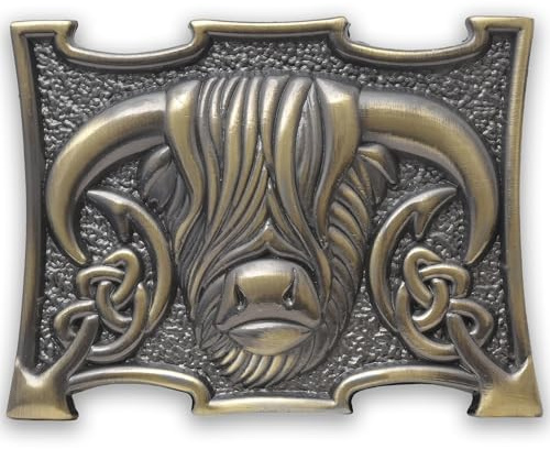Traditional Scottish Heilan Coo Kilt Belt Buckle, Highland Cow Kilt Buckle Made from Pewter – Elegant Celtic Kilts Accessory for Men – Size 10cm x 7.6cm (Brass Antique)