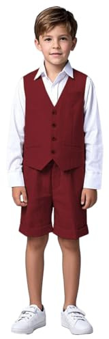 Botong Ensemble short en lin pour garçon 2 pièces gilet pantalon tenue plage mariage ensemble smoking enfants, bordeaux, 3 ans