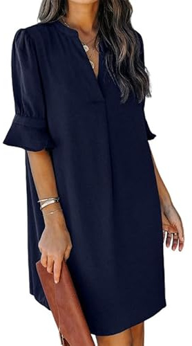 Sukiglam Vestido Mujer Media Manga Cuello V Midi Vestidos de Verano Elegantes Ligero Vestido Camiseta de Casual Sueltos Moda Chic Vestidos de Oficina