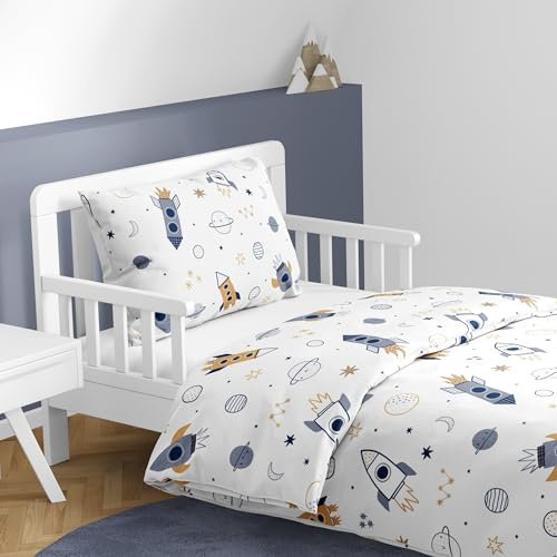 Kinderbettwäsche Weltall & Raketen Motiv Kleinkinder Bettwäsche Babybett Bettbezug 100x135 & Kissenbezug 40x60 Öko-Tex Baumwolle mit Reißverschluss (Weltall)