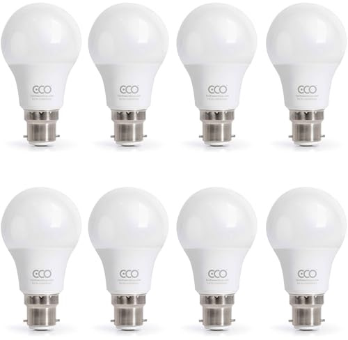 ECO Lot de 8 ampoules LED à économie d'énergie à baïonnette B22 75 W, basse consommation 9,5 W, 1055 lumens, blanc chaud 3000 K, intensité non variable, durée de vie de 15 000 heures