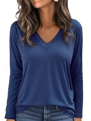 Aottori Maglietta Donna Larga Maniche Lunghe Maglia Scollo a V Elasticizzato Tee Shirt Sexy Leggero Top Basic Sottogiacca Oversize Casual Primavera Verde Oliva XL