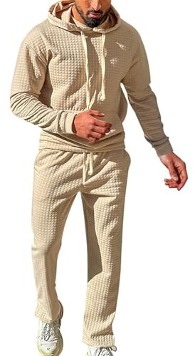 QUNERY Tuta Uomo Completa Autunno Invernale Waffle Tracksuit Manica Lunga + Pantaloni con Coulisse Set Uomini Tuta Uomo per Attività All'aperto e Uso Quotidiano A-Cachi XL