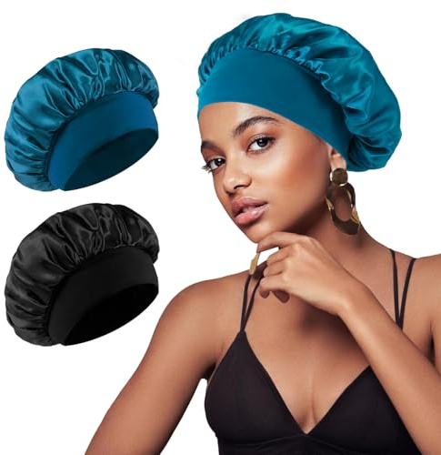 2 Pièces Bonnet Satin Cheveux Nuit, Respirant Bonnets Cheveux Nuit pour Femmes Et Filles, Réglable Antidérapante Bonnet De Sommeil en Soie, pour Protection Courts Longs Bouclés(Noir&Bleu)