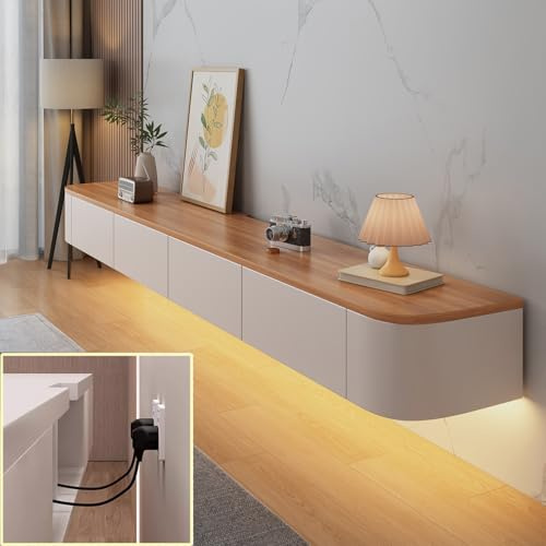 XDXINY tv-mediakonsol flytande skåp väggmonterad flera förvaring bänk under lågbräda med lådor routerfäste (vit-brun + LED, 140 x 20 x 24 cm)