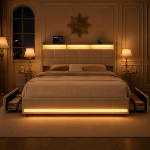 Polsterbett Doppelbett 180x200 cm, Staufach-Kopfteil mit LED und USB Ladestation, Bett 180x200 mit Bettkasten und Lattenrost, Jugendbett Funktionsbett Stauraumbett mit 4 Schubladen, Leinen
