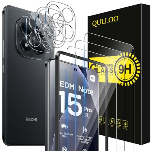 QULLOO Protector de Pantalla para Xiaomi Redmi Note 15 Pro 5G, 3 Piezas Cristal Templado y 3 Piezas Protector de Lente de Cámara, Dureza 9H Ultra Resistente Vidrio Templado