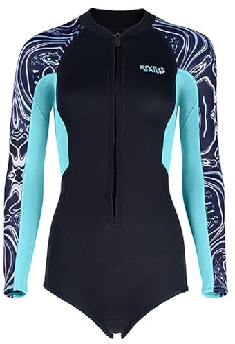 Blu,XL,Muta in Neoprene da 2 Mm da Donna, Shorty Intero a Maniche Lunghe con Zip Frontale, Costume da Surf Per Surf, Nuoto e Immersioni, UPF 50+