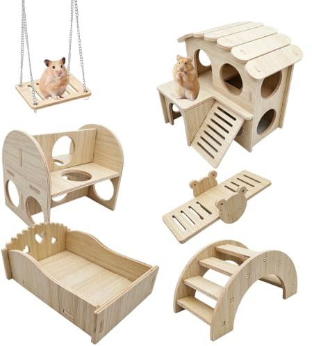 FENGQQKJ 6-deligt Set Hamsterhus i Trä, Hamster Leksakstillbehör för Marsvin, Rennmås, Dvärghamster, Chinchilla