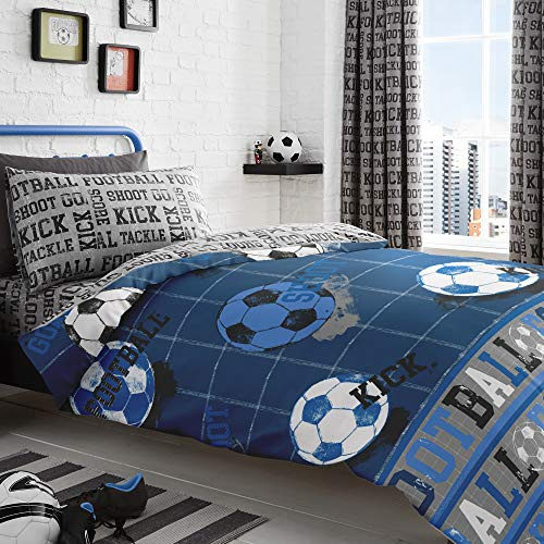 Bedlam - Housse de Couette Football Bleu 200 x 140 cm - Taie d'oreiller Incluse - Motifs Réversibles - Literie pour Garçons - Accessoires Chambre
