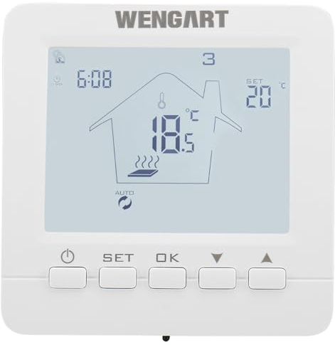 Thermostats de Chauffage Wengart WG02B05, écran LCD programmable de 7 Jours écran Tactile, AC230V Max3A, Travail pour Le Chauffage au Sol Radiant Rétroéclairage Blanc
