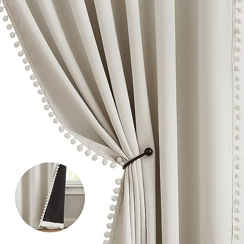 Ivory Pom Pom Blackout Curtains for Bedroom 90 inch Long Beige Thermal Insulated Energy Saving Room Darkening Window Curtains for Living Room Guest Kids Girls Room Drapes 54W 2 Panels Eyelet