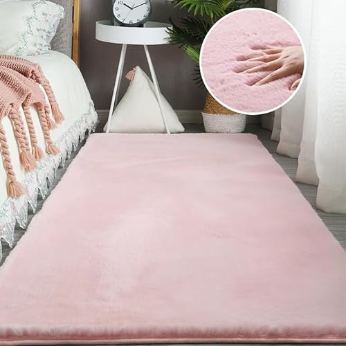 Ceneco-Teppich, ultraweicher Kunstkaninchenfell, zotteliger, Flauschiger Teppich, Rutschfester, langlebiger Teppich für Wohnzimmer, Schlafzimmer, Kinderzimmer(Rosa,60x90cm)