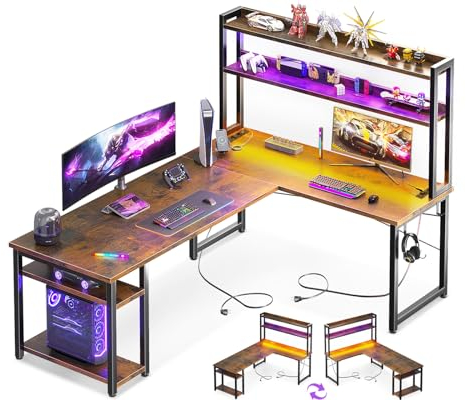 ODK Gaming Tisch mit LED, 150×120 cm Reversibel Schreibtisch L Form mit 2 Steckdosen und 2 USB Ladeanschluss, Eckschreibtisch mit Stall und Lagerregal, Vintage-Braun
