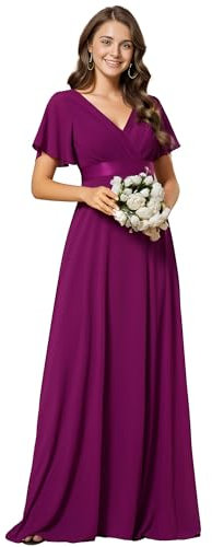 Ever-Pretty Vestidos De Fiesta Muj A-línea Vestidos de Fiesta Escote en V Manga Corta Gasa Corte Imperio para Mujer Fucsia 36