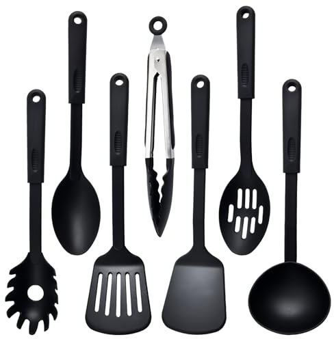 Anseom 7 Pièces Ustensiles de Cuisine, Nylon Ensemble d'Ustensiles de Cuisine Résistant à la Chaleur Ustensiles Cuisine Antiadhésive Set, Outils de Cuisine Accessoire Cuisine Set, Noir