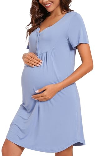 Jahetuul Camicia da Notte Parto Ospedale Estiva Cotone Scollo a V Vestaglia Allattamento con Bottoni Camicia Premaman Maniche Corte Raglan Adatto Casa