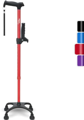HEALTHBAZAAR Bastón de Cuatro Puntas para Hombres y Mujeres con Base de 4 Puntas para un Mayor Equilibrio y Estabilidad, Bastón para Personas Mayores y Adultos Diestros o Zurdos (Rojo)