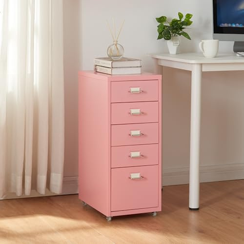 [en.casa] Cassettiera in Acciaio con Rotelle Mobile Archivio Schedario 69 x 28 x 41 cm Mobile da Ufficio con 5 Cassetti - Rosa