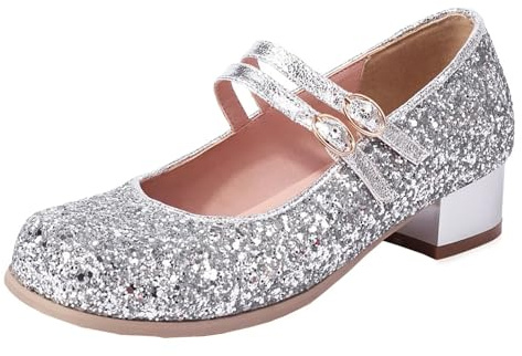 HSyc JRX Mary Jane Escarpins à paillettes à talon bas pour femme Bout rond Talon épais, argenté, 39.5 EU