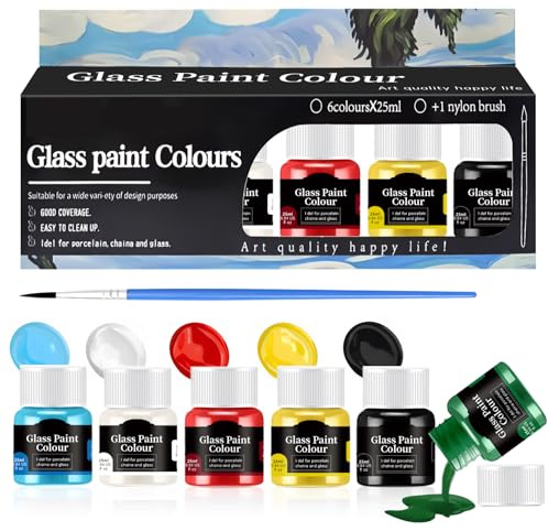 Allony Glass Paints for Glass Painting, Stained Glass Paint, Glass painting Kit, 25ml/6 Colors of Paint + 1 Brush, for Ceramic, glass & Rock Painting, Bright Colors, Strong Covering Power
