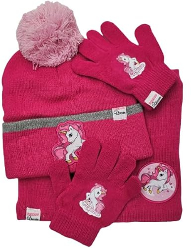 ILS I LOVE SHOPPING Set 3 pezzi con Cappello Invernale, Scaldacollo Sciarpa e Guanti per Bambini - Taglia Unica - Morbidi e Caldi (UNICORNO Fucsia)