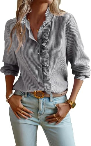 DSAoTeng Chemises Femme à Col Montant Boutonné avec Volants et Manches Longues - Chemisier Décontracté Élégant à Rayures avec Col à Volants Haut Automne Vêtements de Bureau, Noir , S