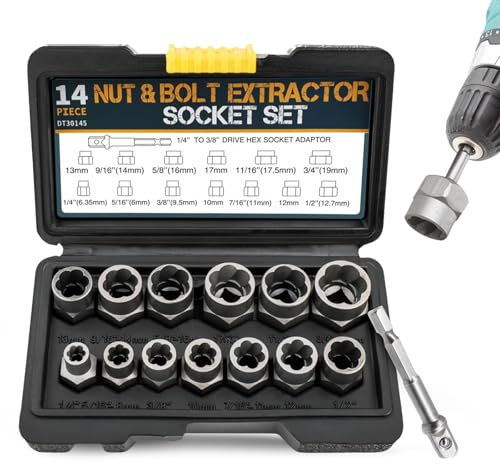 14 Pcs Bolt Extractor Set, Nut Remover Set Locking Wheel Nut Removal Tool with 1/4 to 3/8 Drive Hex Socket Adapter Stud Extractor for Removing Damaged Bolt Removal Tool