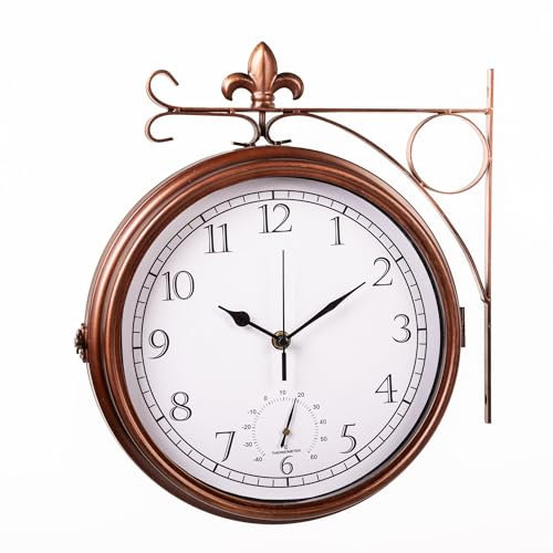 Garden Gear Wyevale Double-Sided Station Clock with Thermometer, Weatherproof Copper Garden Wall Clock, Fleur-De-Lis Design, Powder-Coated Steel, 30 x 9.5 x 34cm