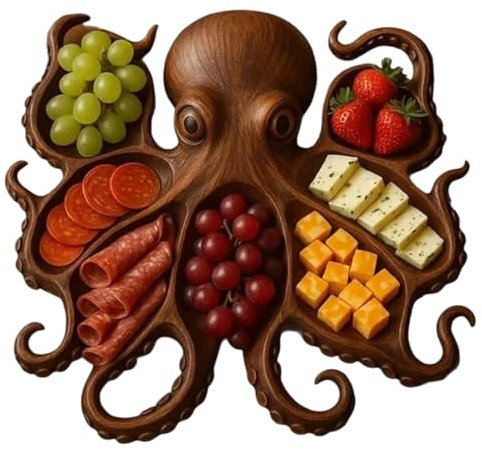 Assiette Apéritif en Bois Plateau À Charcuterie en Forme De Poulpe Plateau Apéro À 7 Compartiments - Plat De Service - Bol en Bois Brut pour Fromages, Sauces, Charcuterie, Noix - Bol À Snack