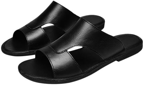 Mules en cuir pour homme - Pantoufles plates à bout ouvert - Respirantes - Slip-On avec dessus en cuir - Chaussures de loisirs légères - Pieds larges - Sandales d'extérieur - Loisirs, Noir , 47 EU