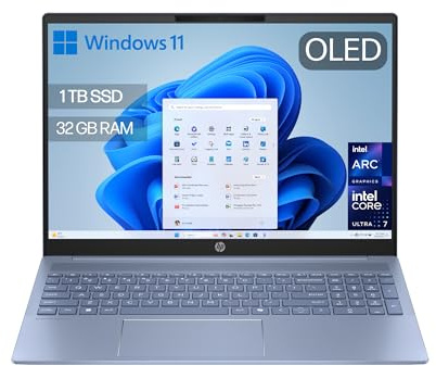 HP OmniBook 5 AI - Ordenador Portátil de 16 OLED 2K (Procesador Intel Core Ultra 7-255U, 32GB RAM, 1TB SSD, Gráficos Intel, Windows 11 Home) Azul - Teclado QWERTY Español