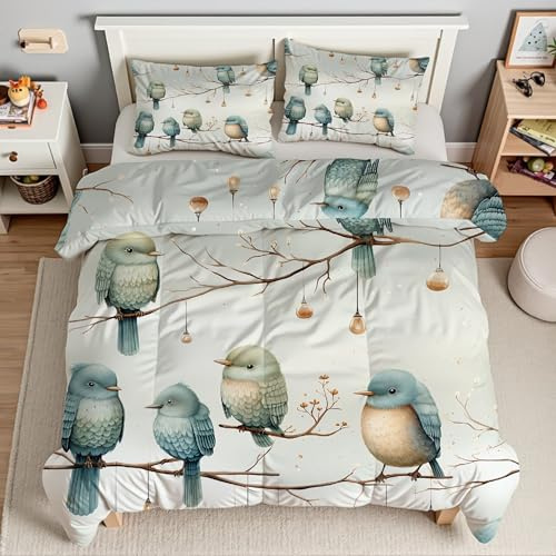 Piumino Singolo Uccellino Trapunte Rami Piumone Imbottito Resistente Lavabile, Super Morbida Trapunta, piumini 160x245 cm in Microfibra Reversibile e 2 Federa 50x80 cmT207